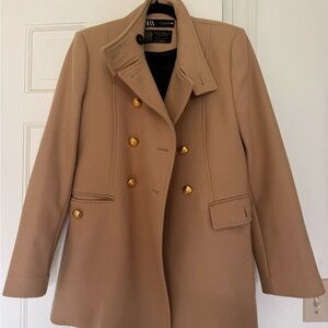 Zara Camel Pea Coat with Gold Buttons